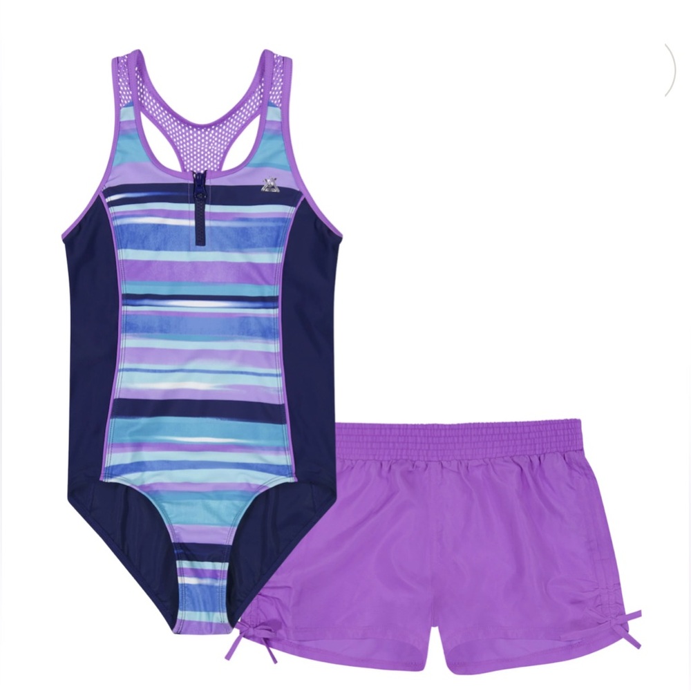 ZeroXposur Swimming Suit Girls Size 16 Purple Zip Front 2-Piece W/ Shorts Set